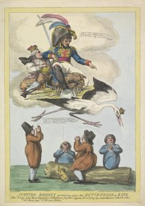 Napoleón envía a Luis Napoleón como rey en forma de cigüeña a Holanda, 1806 Júpiter Bonney otorgando a las ranas holandesas un rey (título sobre el objeto)