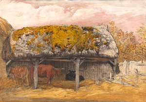 Un refugio para vacas con tejado musgoso de Samuel Palmer