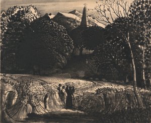 Maizal e iglesia a la luz de la luna