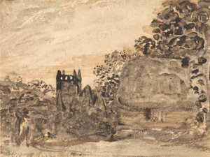 Cabaña con tejado de paja e iglesia de Samuel Palmer