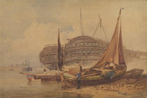 Escena costera con barcos varados en primer plano, principios-mediados del siglo XIX de Samuel Prout