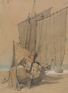 Barcos de pesca en la playa con las velas secándose de Samuel Prout