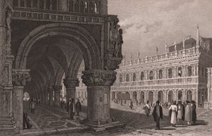 Escorzo de la arcada del Palacio Ducal con vista de la Plaza de San Marcos y del Palacio de la Biblioteca, Venecia, Véneto, Italia, grabado en acero según dibujo de Samuel Prout (1783-1852), 15x11,5 cm aproximadamente. de Samuel Prout