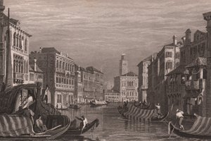 Góndolas en el Gran Canal (Canal Grande), Venecia, Véneto, Italia, grabado en acero según dibujo de Samuel Prout (1783-1852), 15x11,5 cm aprox. de Samuel Prout