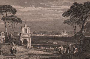 Roma con la cúpula de la basílica de San Pedro a la derecha, Lacio, Italia, grabado en acero a partir de un dibujo de Samuel Prout (1783-1852), 15x115 cm aprox. de Samuel Prout