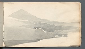 Cuaderno de bocetos: paisaje montañoso con puente, 1814 de Samuel Prout
