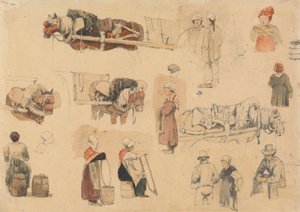 Bocetos de campesinos y caballos de trabajo