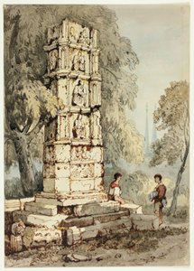 Dos figuras junto a ruinas medievales, con una iglesia a lo lejos