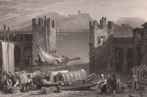 Vista del castillo de Angera en Arona, Lago Mayor, Piamonte, Italia, grabado en acero a partir de un dibujo de Samuel Prout (1783-1852), ca 16x11 cm de Samuel Prout