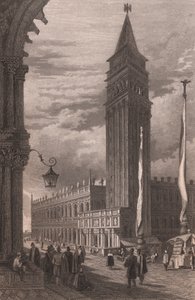 Vista del campanario de San Marcos en Venecia (Véneto, Italia), grabado en acero según dibujo de Samuel Prout (1783-1852), 15x11,5 cm aprox.