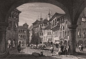 Vista de la plaza del mercado de Domodossola, Piamonte, Italia, grabado en acero a partir de un dibujo de Samuel Prout (1783-1852), 16x11 cm aprox. de Samuel Prout
