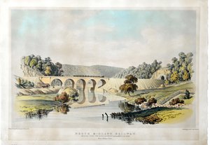 Puente del ferrocarril North Midland sobre el río Derwent y la carretera de Matlock, cerca de Amber Gate. 1840 (litografía coloreada a mano sobre papel) de Samuel Russell