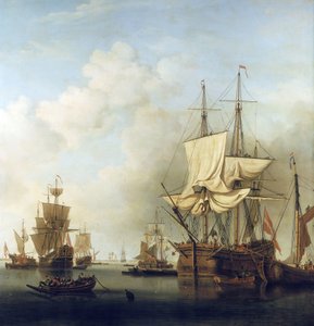Barco danés de transporte de madera, en la desembocadura del Támesis, hacia Gravesend (Inglaterra). Óleo sobre lienzo de Samuel Scott