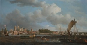 Westminster desde Lambeth, con la barcaza ceremonial de la Compañía de Ferreteros de Samuel Scott