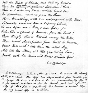 Últimas líneas del poema de Coleridge Himno antes del amanecer en el valle de Chamouny, escrito de puño y letra del poeta y enviado en una carta a la Sra. Brabant de Devizes, 1815