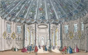 Vista interior de la elegante sala de música en Vauxhall Gardens, grabado por H. Roberts, 1752