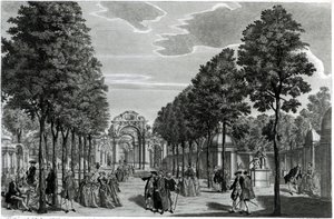 Los arcos triunfales, estatua de Handel en el paseo sur de los jardines de Vauxhall, grabado por John S. Muller
