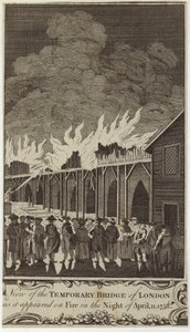 Vista del puente temporal de Londres en llamas la noche del 11 de abril de 1758 de Samuel Wale