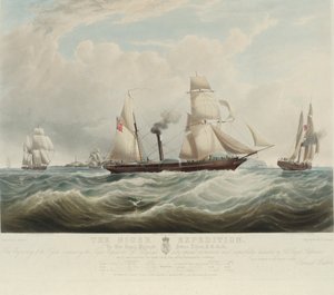 La expedición nigeriana, en la confluencia de los ríos Níger y Benoue, los buques Albert, Sudan y Wilberforce frente a Holyhead (Gales), agosto-octubre de 1841. de Samuel Walters