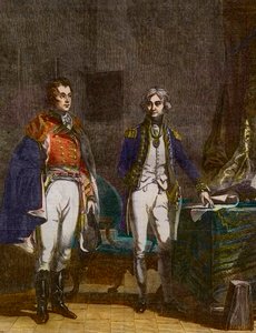 Un encuentro entre el General Sir Arthur Wellesley (Duque de Wellington) y el Vicealmirante Horatio Nelson, septiembre de 1805, grabado por Samuel William Reynolds (1794-1872) después de John Prescott Knight (1803-1881) de Samuel William I Reynolds