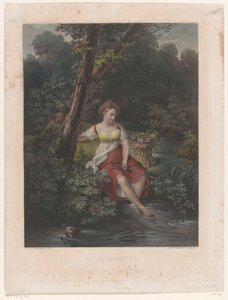 Mujer joven con corona de flores y pies en el agua. La Baigneuse (título sobre objeto) de Samuel William Reynolds (I)