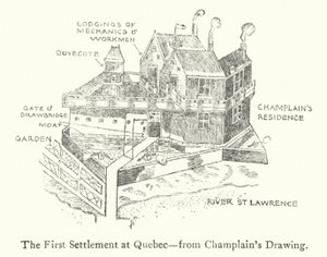 El primer asentamiento francés en Quebec, principios del siglo XVII (litografía)