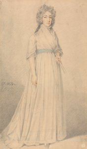 Una dama, de cuerpo entero, con faja azul y abanico en la mano de Samuel de Wilde