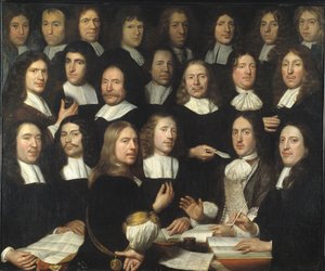 Retrato de grupo de los maestros de la menta de Dordrecht (Portrait de groupe des maitres et des officer de la monnaie de Dordrecht) - Peinture de Samuel Dirksz van Hoogstraten (1627-1678) - 1674 - Óleo sobre lienzo - 139,5x166 - Museo de Dordrechts de Samuel van Hoogstraten