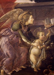Virgen con el Niño y tres ángeles (Madonna del Padiglione), detalle del ángel con Cristo de Sandro Botticelli