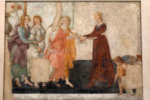 Venus y las tres gracias ofreciendo regalos a una doncella, c.1483-85