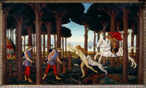 Historia de Nastagio degli Onesti: Encuentro con la condenada del bosque de pinos, primer panel de una serie de cuatro de Sandro Botticelli