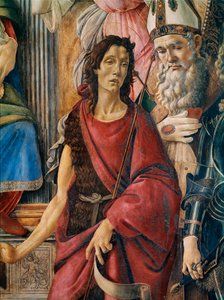 Pala di San Barnaba (Retablo de San Bernabé): Nuestra Señora con un niño con Santa Catalina de Alejandría, San Agustín, San Bernabé y San Juan Bautista, San Ignacio de Antioquía y el Arcángel San Miguel. (detalle) de Sandro Botticelli