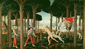 La Visión de Nastagio de la Persecución Fantasmal en el Bosque: Escena I de La Historia de Nastagio degli Onesti de Sandro (and workshop) Botticelli