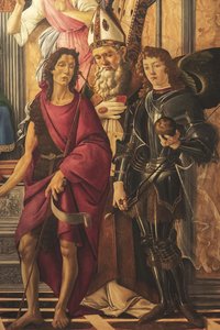 Retablo, panel principal: Virgen entronizada, cuatro ángeles y santos de Sandro Botticelli