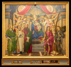 Retablo, panel principal: Virgen entronizada, cuatro ángeles y santos de Sandro Botticelli