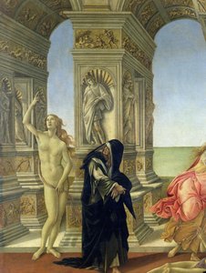 La Calumnia de Apeles; detalle mostrando la figura desnuda de la Verdad señalando al cielo y la Penitencia vestida con un hábito dominicano raído, 1497-98 (detalle) de Sandro Botticelli