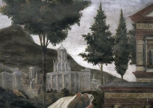 La Purificación del Leproso y la Tentación de Cristo, en la Capilla Sixtina: (detalle) de una ciudad imaginaria en un paisaje, 1481 de Sandro Botticelli