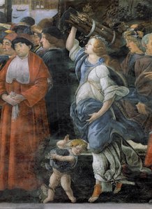 La Purificación del Leproso y la Tentación de Cristo, en la Capilla Sixtina: (detalle) de una mujer llevando leña y un niño pequeño llevando uvas, 1481 de Sandro Botticelli