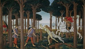 La historia de Nastagio degli Onesti Primer episodio, ca 1483 de Sandro Botticelli