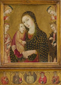Madonna y niño con el Cristo muerto, Santa Inés y Santa Catalina de Alejandría de Sano di Pietro