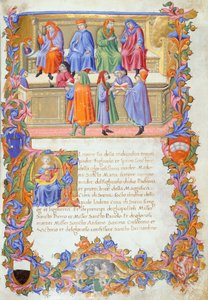El Tribunale della Mercanzia (Tribunal de Mercancías), miniatura de los Estatutos de los Mercaderes no 6 de Sano di also Ansano di Pietro di Mencio Pietro