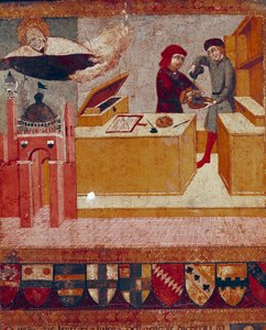 El camarlengo se lava simbólicamente las manos mientras la Virgen benevolente y protectora sobrevuela la ciudad de Siena (detalle) de Sano di also Ansano di Pietro di Mencio Pietro