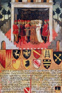 El regalo del anillo, escena de boda entre familias nobles sienesas de Sano di also Ansano di Pietro di Mencio Pietro