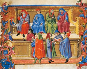 Miniatura del Tribunal de Comercio de los Estatutos de los Mercaderes por Sano di Pietro (1472), Italia, siglo XV de Sano di also Ansano di Pietro di Mencio Pietro