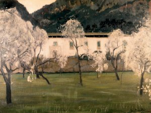 Paisaje con flores en los árboles