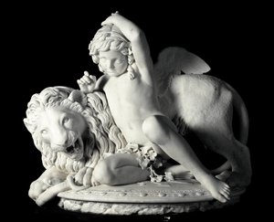 El amor dominando la fuerza Escultura de mármol de Santo Varni (1807-1885) 1865. Dim. 85x90x62 cm De la colección del Príncipe Odon di Savoia. Génova, Galleria d