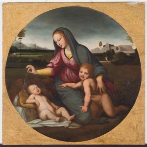 Virgen con el Niño y el Joven San Juan, c.1500 (óleo sobre madera) de Sanzio of Urbino (follower of) Raphael