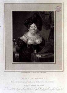 Miss S. Biffin, Nacida en East Quantox-head, cerca de Bridgewater, Somersetshire, Sin Manos ni Brazos, grabado por R.W. Sievier