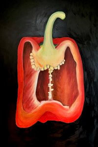 Medio pimiento rojo, 2024 (óleo sobre lienzo) de Sarah Thompson Engels