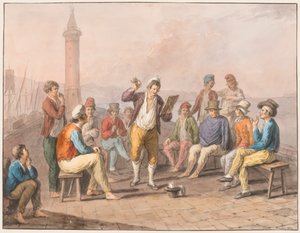 Acuarela; Rinaldo Rinaldini recitando en el muelle de Saverio della Gatta